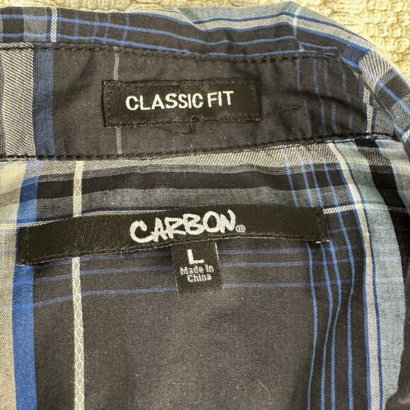 Carbon Men's Large Western Plaid Button Shirt Black Blue Long Sleeve - Picture 4 of 8